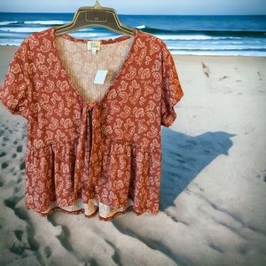 🌞Summer Clearance Ava James Front Tie Paisley Print Ladies Crop Top Summer